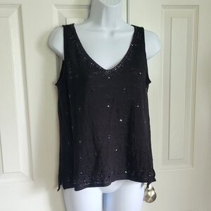 White House Black Market rhinestone black linen‎ semi sheer top women's XS